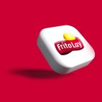 A 3D Frito-Lay logo on a white cube against a bright red background. The logo features the brand name in white text on a red and yellow background, resembling a half-circle.