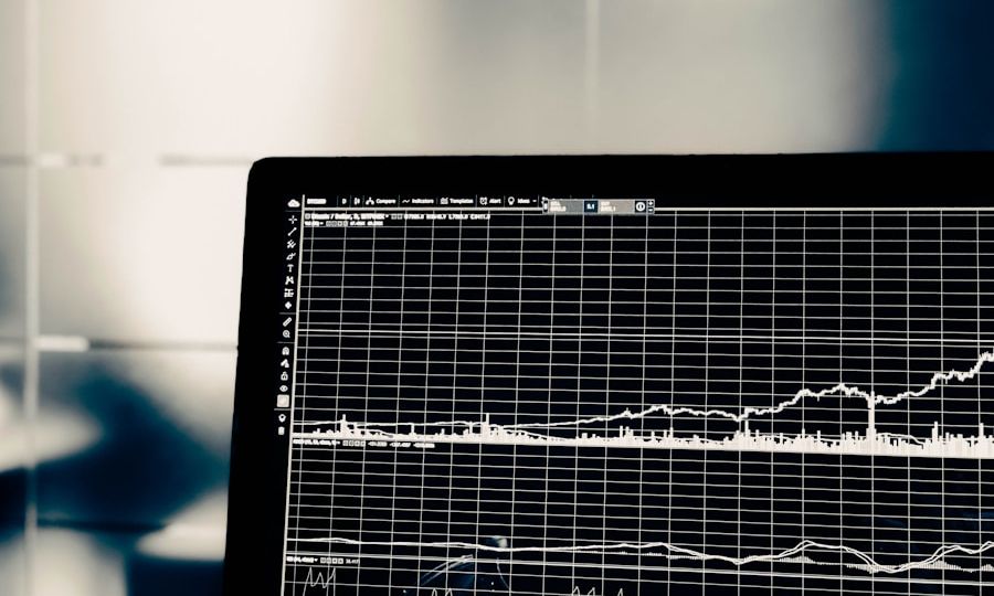 A computer screen displaying various line graphs and charts, possibly related to financial data or analytics, with a blurred office background.